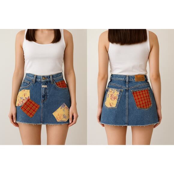 Vtg Marithé François Girbaud Upcycled Jean Mini Skirt Patchwork Floral Plaid XS - Picture 1 of 9